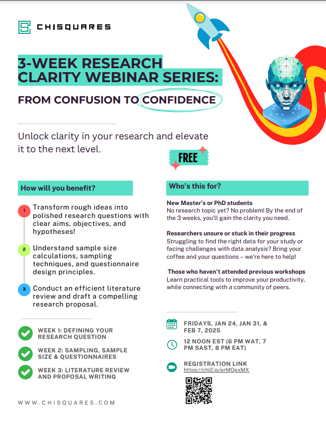 🎓Struggling with your Master’s or PhD research? Join our FREE 3-week webinar series to gain clarity &amp; confidence!
🗓️Jan 24, Jan 31, Feb 7, 2025 | Fridays | Online
🕒12:00 PM EST
🔗Register now: chi2.io/erMQexMX

👉For details, checkout this post: tinyurl.com/msjhf9nm
