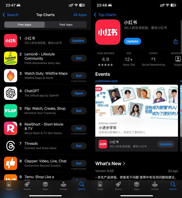 中国A股今天大涨，几个券商发了小红书板块的利好消息（成分股都涨了10%以上）。起因居然是昨晚大量美国用户涌入了小红书，APP登顶了美区下载第一。很多人带着一个标签，tiktok refugee 😂