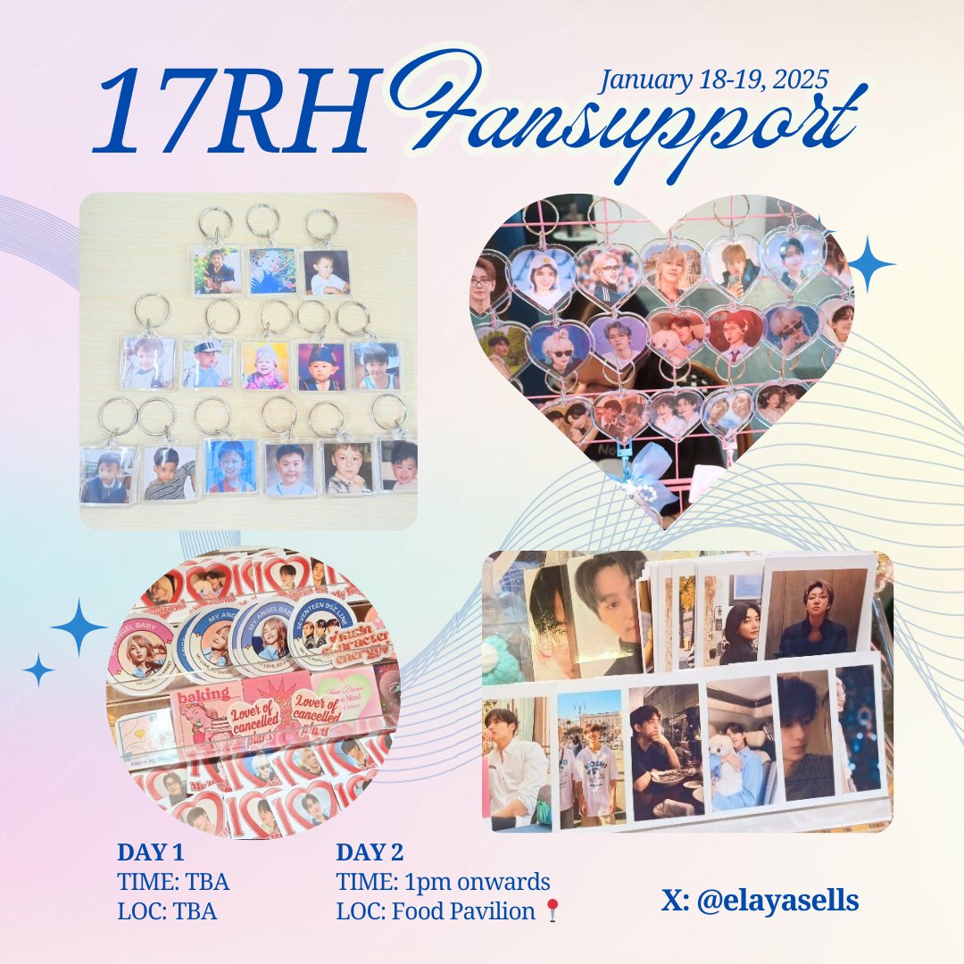 elayasells's tweet image. 𐙚｡17RH Fansupport Day 1 &amp;amp; 2.ᡣ𐭩˚ by — @elayasells

1 pack includes 🛍️
✸ 1 baby seventeen OR heart keychain
✸ 2-3 boyfriend pola
✸ 1-2 waterproof stickers

Mechanics: 
✸ strictly 1:1 only
✸ mbf, like &amp;amp; rt pinned tweet📌 
✸ show proof on d-day

#SVT_RIGHT_HERE_IN_BULACAN