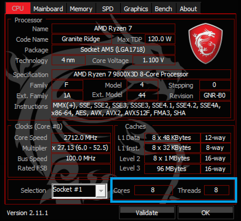 AMD Ryzen7 9800X3D」CPUで16スレッドが有効にならず、8コア8スレッド