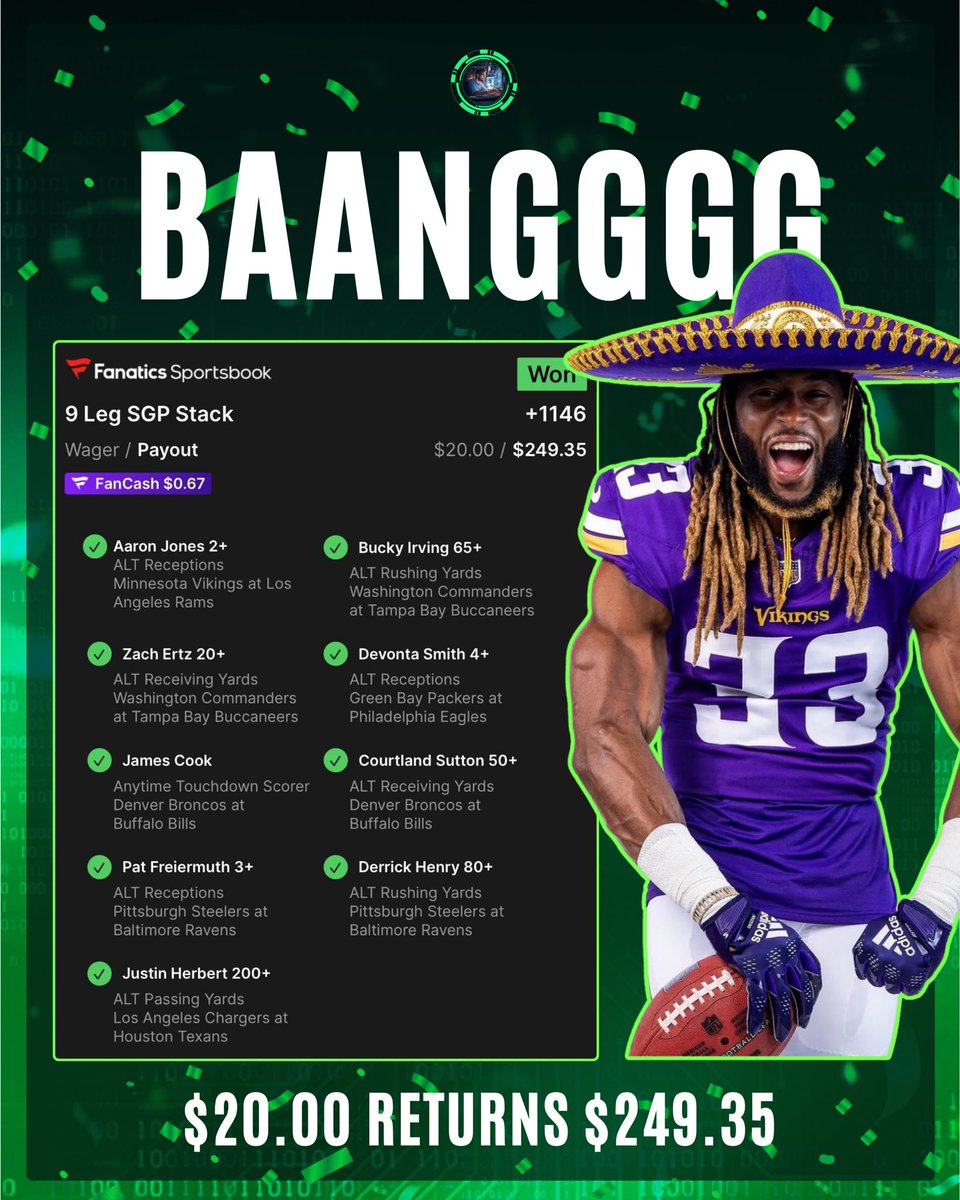 DanGambleAI's tweet photo. 💥 BAAAANNNNNGGGG! 💥

+1150 NFL PLAYOFF PARLAY CASHES!

SMASH THAT ❤️ IF YOU TAILED!

WHAT A WIN ON WILD CARD WEEKEND! https://t.co/qqXJWNVskY