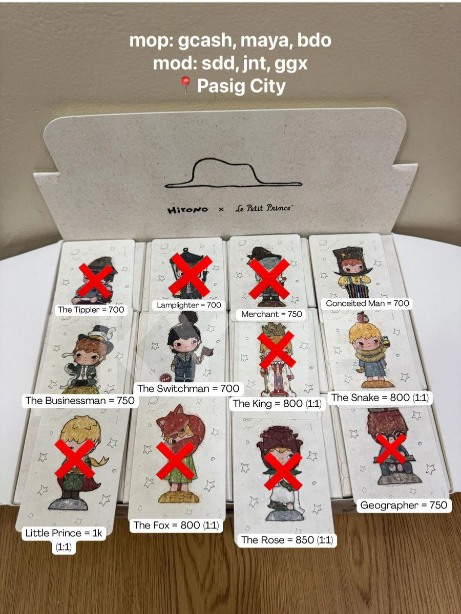 renminsales's tweet photo. WTS LFB Hirono x Le Petit Prince Figures Set ph

- prices indicated in the picture! 
- sealed foil, opened bottom to check cards

available: conceited, businessman, snake, switchman

mop: gcash, maya, bdo
mod: sdd, jnt, ggx, sco
📍Pasig City https://t.co/1np2PZQfkg