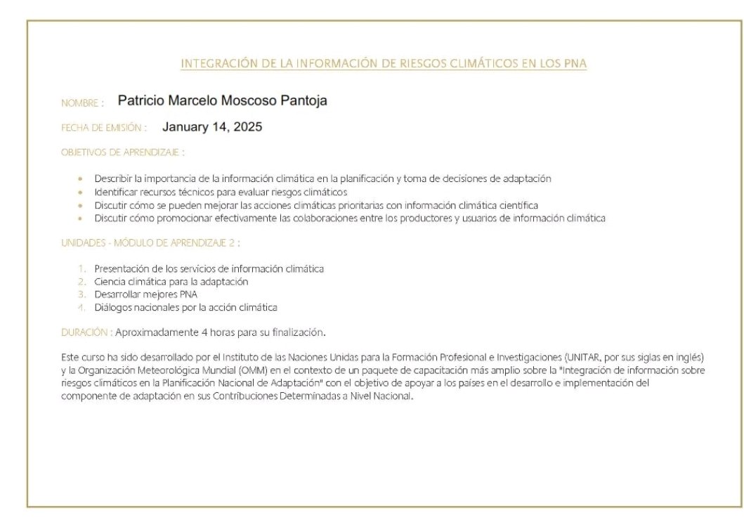 naturaambiental's tweet photo. "Finalicé los cursos de 'Integración de la información de riesgo climático en los PNA' y 'Política Industrial Verde: Promoviendo la competitividad y la transformación estructural' impartidos por @UNITAR y @WMO. Recomiendo #CambioClimático #Sostenibilidad #UNCCLearn @uncclearn https://t.co/rSGWuXZvMI