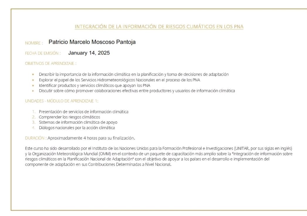 naturaambiental's tweet photo. "Finalicé los cursos de 'Integración de la información de riesgo climático en los PNA' y 'Política Industrial Verde: Promoviendo la competitividad y la transformación estructural' impartidos por @UNITAR y @WMO. Recomiendo #CambioClimático #Sostenibilidad #UNCCLearn @uncclearn https://t.co/rSGWuXZvMI