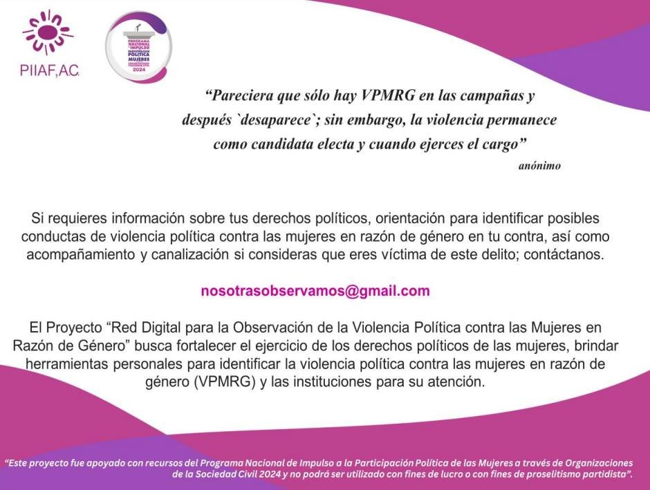 RedObservamosM's tweet photo. A través del Programa Nac. de Impulso a la Participación Política de las Mujeres a través de OSC´s, desde el @PIIAFAC implementamos la  “Red Digital para la Observación de la Violencia Política contra las Mujeres en Razón de Género" #Sumate #nosotrasobservamos #MujeresMorelos https://t.co/ElrQftu2hp