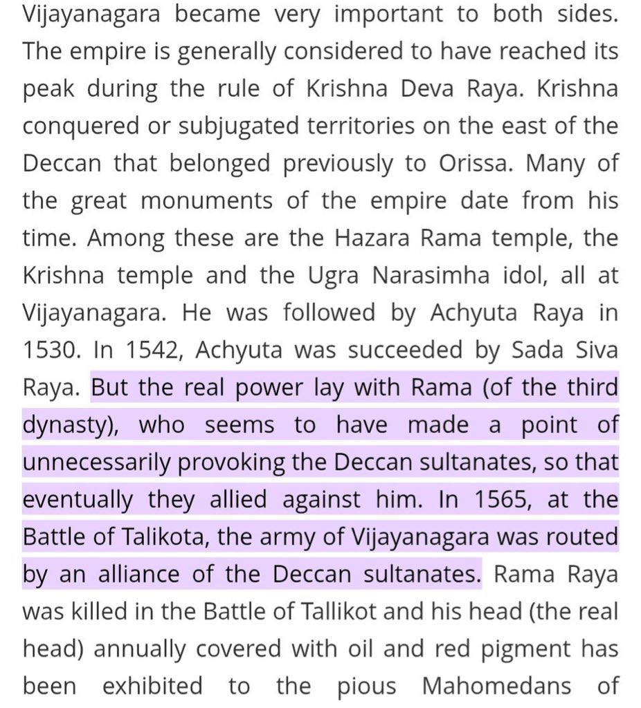monidipadey's tweet photo. Why does the government website (Vijaynagar district website) blame the Vijaynagara king for the Battle of Talikota, saying he unnecessarily provoked the Deccan sultanates???
Who writes for this website, and how did the government allow it??!!

In actual history: The Muslim kings grouped together to finish off the Hindu dynasty of Vijaynagara and the only provocation was the fact that Vijayanagara was a non-Muslim state. 

Check the last line- Rama Raya’s head was exhibited to the pious mahomedans , as if the writer is almost celebrating the k!ll! 

If anyone is aware of handles of the relevant government here on this issue, please do tag them🙏