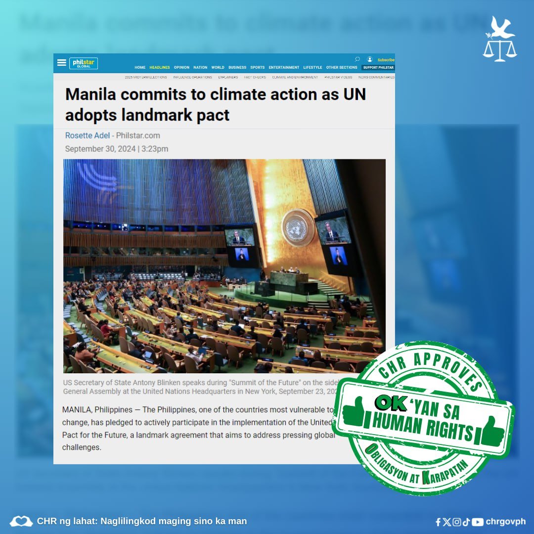The Philippines, one of the countries most vulnerable to climate change, has pledged to actively participate in the implementation of the United Nations' Pact for the Future, a landmark agreement that aims to address pressing global challenges.

philstar.com/headlines/2024…