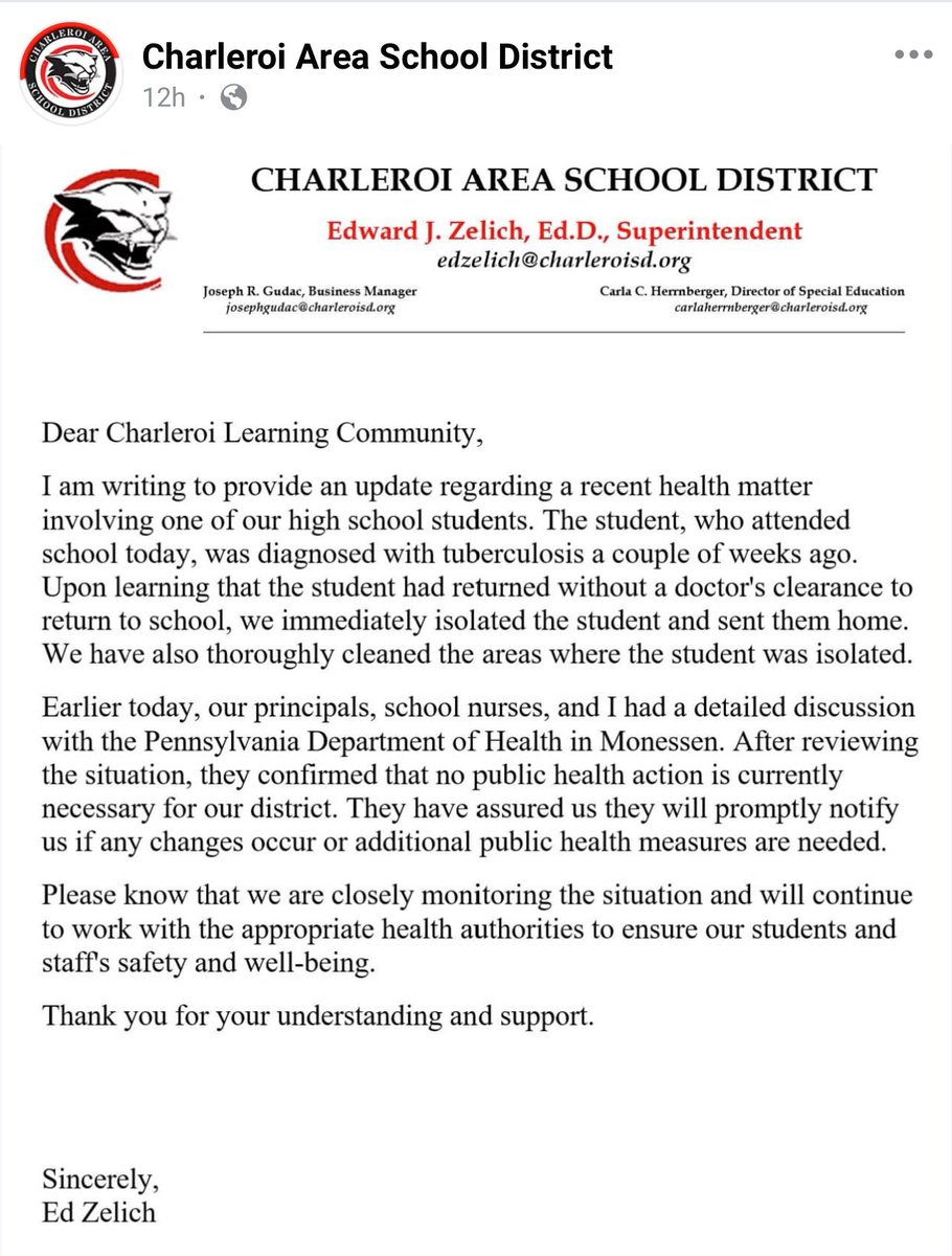 BIG SCANDAL UNFOLDING IN CHARLEROI, PA

Rumors were circulating that there was a tuberculosis outbreak in Charleoi School District. The school called it fake news.

Today they sent out a new notice that there was actually a kid with tuberculosis attending school without a