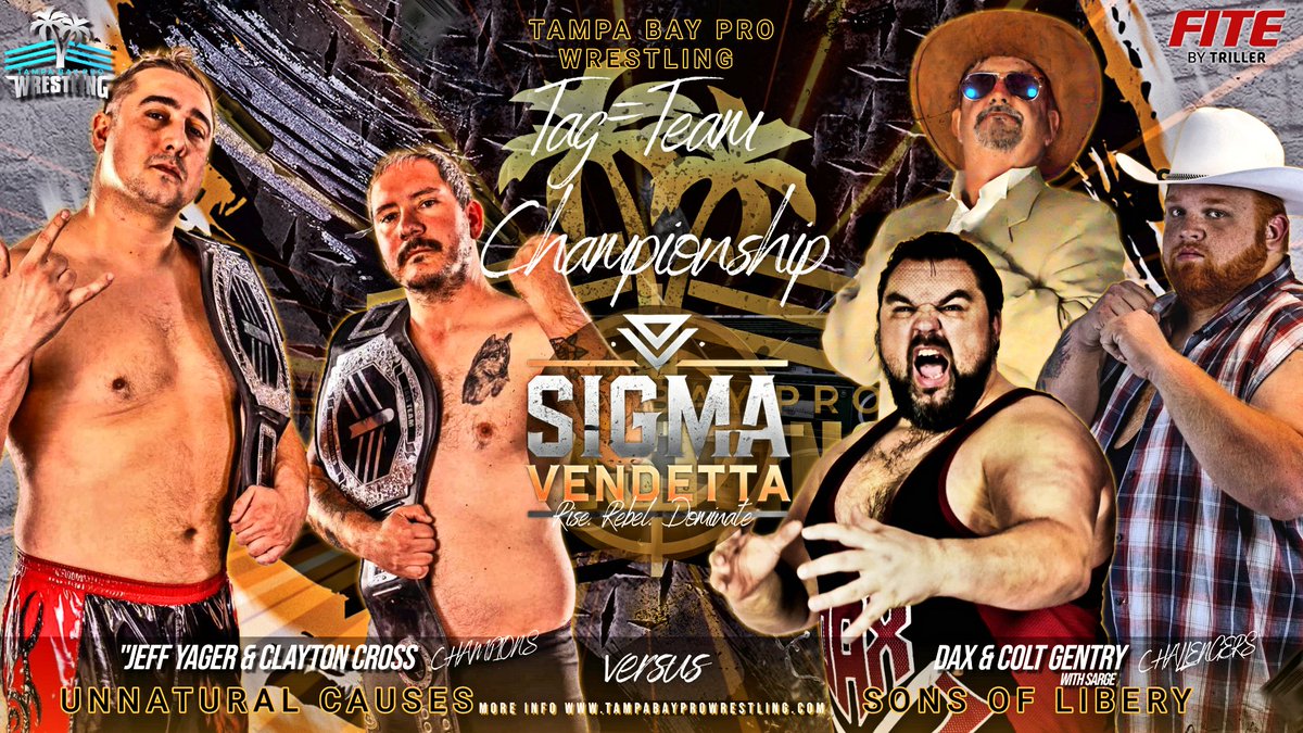 🔥 MATCH ANNOUNCEMENT 🔥

Tampa Bay Pro Tag-Team Championship Match
UnNatural Causes (Champions) vs. The Son's of Liberty (Dax &amp; Colt Gentry w/ Sarge)

📅 Date: Saturday, January 25
🕕 Time: 6 PM - 8:30 PM EST (Doors at 4:30 PM)
📍 Campbell Park Rec Center, St. Petersburg, FL