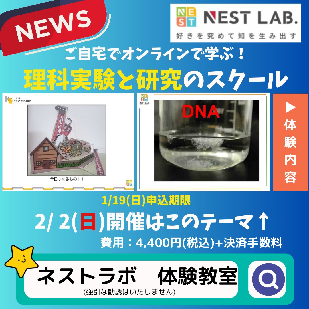 NestlabE's tweet photo. 体験教室の受付を開始しています。本年度後半の授業の様子はInstagramで、最近始めたYoutubeでは授業の様子の長尺動画を公開中。たくさんの子供さんと理科を楽しみたいから、体験教室だけでもぜひ来てね～！
#実験教室　#オンラインスクール　#ネストラボ https://t.co/wsc0lW4cWP