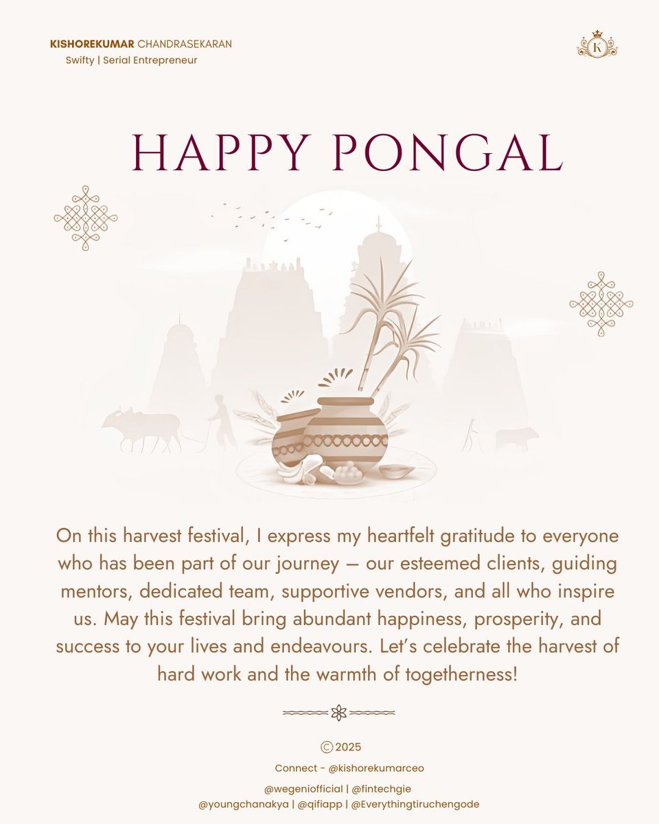 kishorekumarceo's tweet photo. 🌾✨ Happy Pongal! ✨🌾

Grateful to our clients, mentors, team, vendors, and everyone who inspires us. May this festival bring joy, prosperity, and success. Let's celebrate hard work and togetherness!

Wishing you a prosperous Pongal! 🪷

#HappyPongal #TogetherWeGrow https://t.co/xttULBgDCE