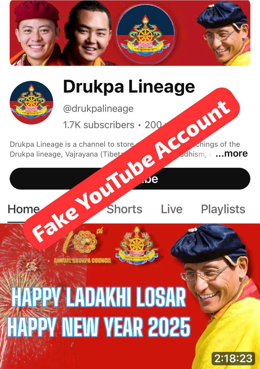 Drukpa's tweet photo. Attention: There is a FAKE social media account on 𝐘𝐨𝐮𝐓𝐮𝐛𝐞 with the name “Drukpa Lineage”. They are actively posting and reposting official Drukpa/ Annual Drukpa Council messages as if they are generated by the lineage.
#Youtube #FakeAccountWarning https://t.co/f8uwqjzHe6