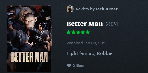 SaintJackington's tweet photo. i don't know how to express that i was only interested in a robbie williams biopic BECAUSE he was a monkey, instead of less interested

it being near-universally praised by critics was just a bonus

it got me in because it took a risk and did something new and interesting https://t.co/HDnVnW6OA0