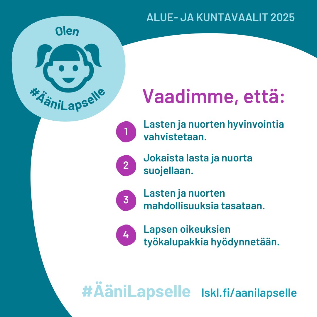 📢Anna ääni lapselle -kampanja kutsuu alue- ja kuntavaaliehdokkaat mukaan! Oletko sinä se rohkea, järjellä ja sydämellä ajatteleva ehdokas, joka on valmis vahvaan työhön lasten ja nuorten hyvinvoinnin puolesta. Tutustu #ÄäniLapselle  lskl.fi/aanilapselle #vaalit2025