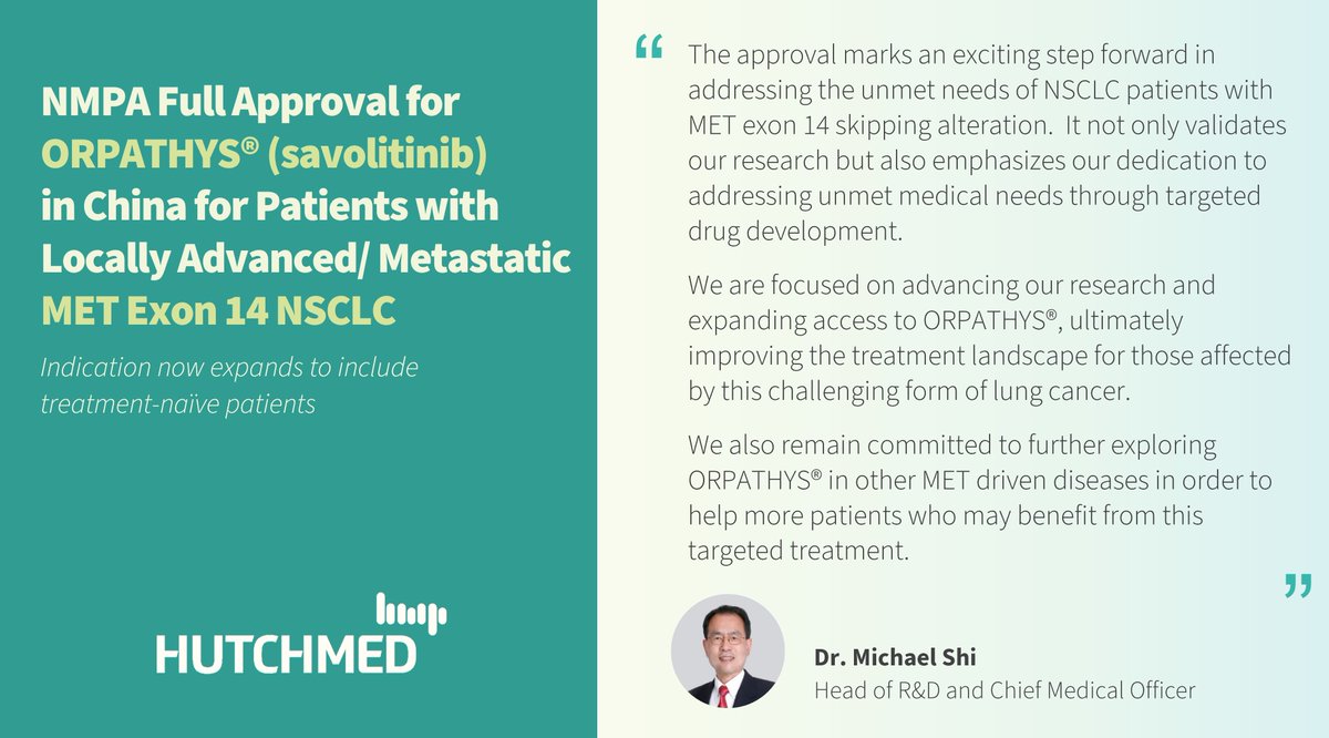 ORPATHYS® (savolitinib) has been approved by the China NMPA for locally advanced or metastatic NSCLC with MET exon 14 skipping alteration. The new label indication will now include both treatment-naïve and previously treated patients in China. hutch-med.com/nmpa-full-appr…