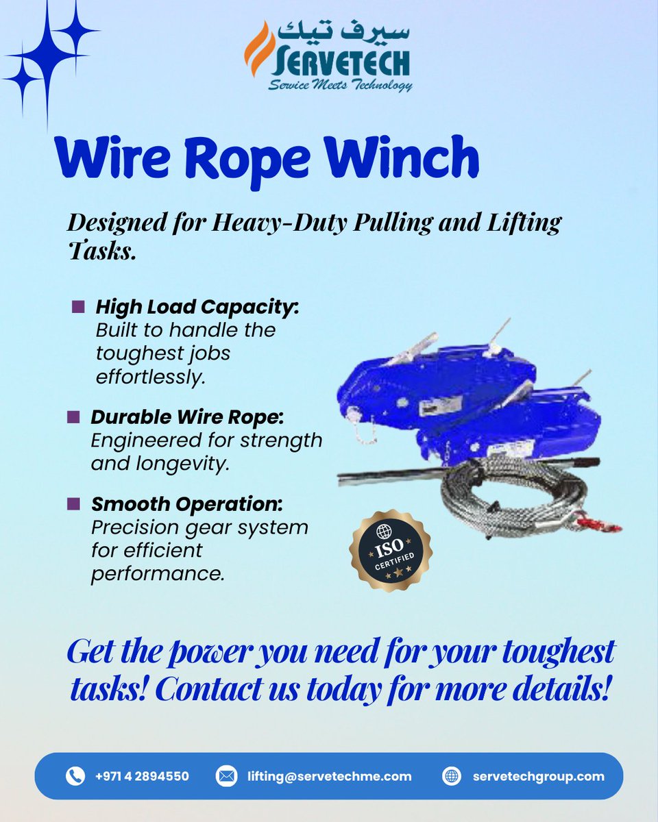 servetechliftng's tweet photo. Conquer the Toughest Jobs with Our Wire Rope Winch! 💪
🔗 Engineered for heavy-duty pulling and lifting, our Wire Rope Winch delivers unmatched strength and reliability for industrial and commercial tasks. https://t.co/d9Dm0GIUe3