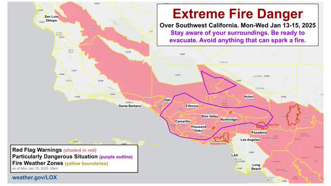Extreme fire danger continues in SoCal through Wed. due to strong winds. Stay prepared: monitor trusted sources, heed evacuation warnings, and be ready to go if needed. Visit ready.ca.gov for tips, alerts, and other info. Stay safe! For updates: fire.ca.gov