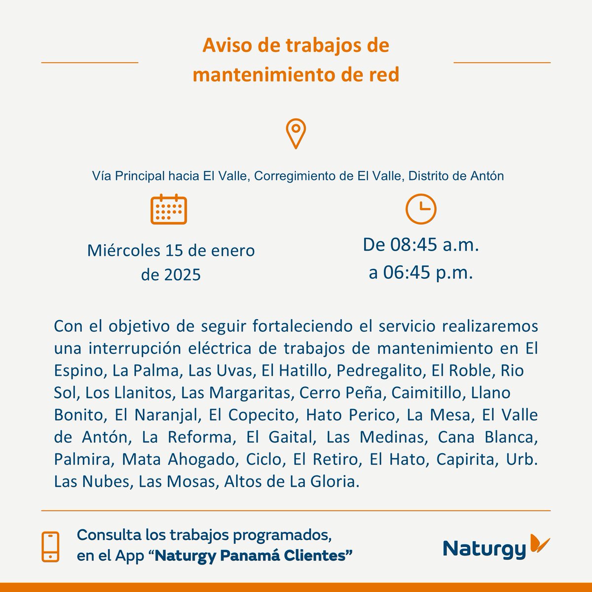 Naturgy Panamá (@naturgypa) on Twitter photo #ProvinciaCoclé Trabajos de mantenimiento en la red el miércoles 15 de enero en Vía Principal hacia El Valle, Corregimiento de El Valle, Distrito de Antón.
<a href="/CocleTrafico/">CocléTráfico</a> <a href="/Coclealdia/">Coclé Al Día</a> <a href="/lomejordecocle/">Lo Mejor de Coclé</a> <a href="/gobcocle/">Gobernación de Coclé</a> <a href="/penonome2024/">PENONOMÉ COCLÉ 2024</a> <a href="/TReporta/">Telemetro Reporta</a> #ProvinciaCoclé Trabajos de mantenimiento en la red el miércoles 15 de enero en Vía Principal hacia El Valle, Corregimiento de El Valle, Distrito de Antón.
<a href="/CocleTrafico/">CocléTráfico</a> <a href="/Coclealdia/">Coclé Al Día</a> <a href="/lomejordecocle/">Lo Mejor de Coclé</a> <a href="/gobcocle/">Gobernación de Coclé</a> <a href="/penonome2024/">PENONOMÉ COCLÉ 2024</a> <a href="/TReporta/">Telemetro Reporta</a>