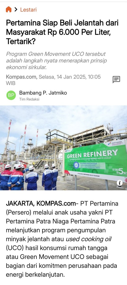 Peluang bisnis baru
Pertamina siap menerima minyak jelantah masyarakat Rp.6.000- per liter