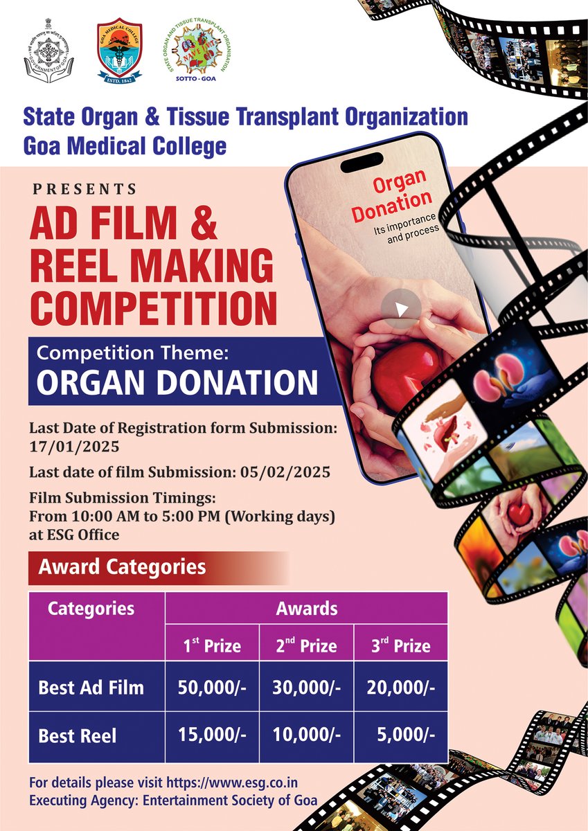 Sotto GMC brings exciting opportunities for the filmmakers and content creators of Goa. Participate in the ad film and reel-making competition themed ORGAN DONATION and win exciting prizes. Hurry up and register. To know more visit esg.co.in