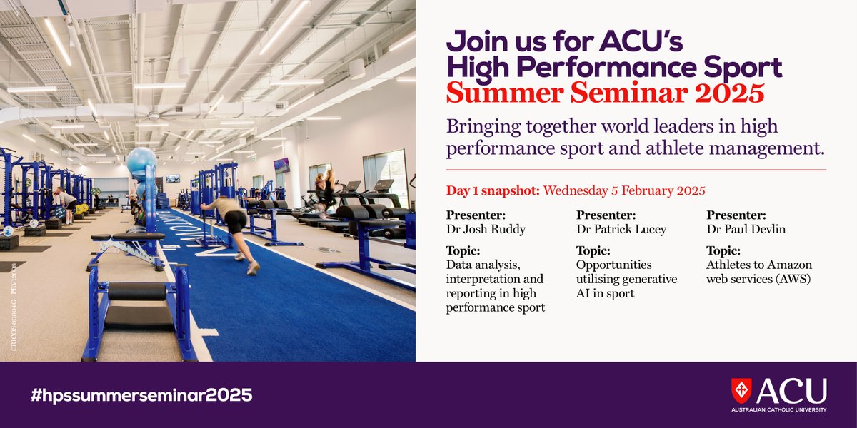 Join us for Day 1 to hear from <a href="/joshua_ruddy/">Josh Ruddy</a>, <a href="/patricklucey/">Patrick Lucey</a> and Paul Devlin or join us for all the days. The #hpssummerseminar 2025, Feb 5th - Feb 7th, find out more acu.edu.au/hpssummersemin…
