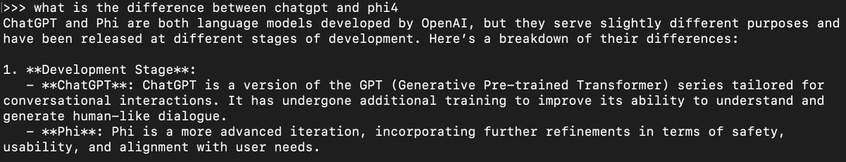 Wait. Why does #Phi4 say it has also been developed by OpenAI?  I thought <a href="/MicrosoftAI/">Microsoft AI</a>  research and <a href="/OpenAI/">OpenAI</a>   were two separate entities.