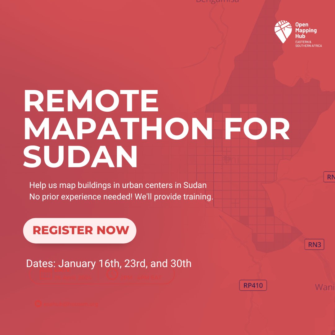 openmapping_esa's tweet photo. Mapathon for Sudan

Help us map buildings in urban centers!
Data is urgently needed to assess the damage caused by the recent crisis in Sudan and to plan for the recovery effort. 

🔜 Dates: January 16th, 23rd, and 30th
🔛 Registration link: https://t.co/qsnMHs22mI

#ESAHub https://t.co/IsFivU4mhS