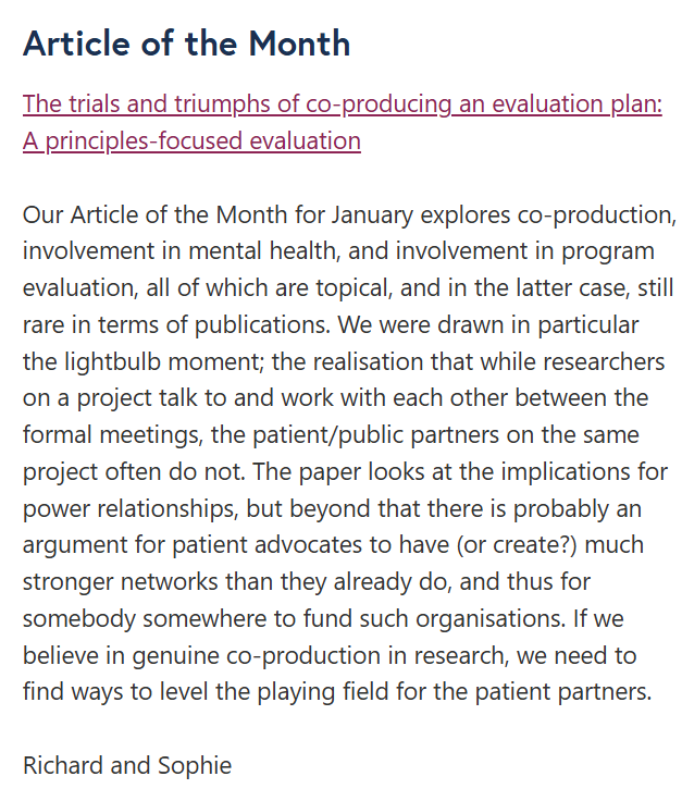 Our January Article of the Month is now live! 🎉 "The trials and triumphs of co-producing an evaluation plan: A principles-focused evaluation" is featured on our website. Check it out at researchinvolvement.biomedcentral.com/articles/10.11…. Happy reading! 📚