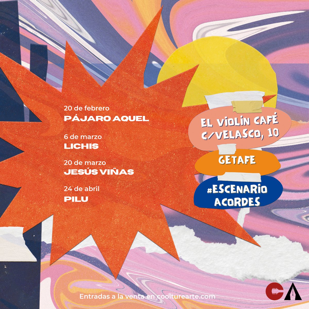 ¡Aquí está la primera gran noticia! 
Volvemos a nuestro hogar, <a href="/violingetafe/">El Violin Getafe</a> , con una programación muy especial. 
Acompañadas de Pajaro Aquel, <a href="/Lichis_oficial/">Lichis</a> , <a href="/jesusvignas/">Jesús Viñas</a> y Pilu no podemos imaginar un mejor comienzo de año  #EscenarioDeAcordes ✨ 
🎟️ coolturearte.com