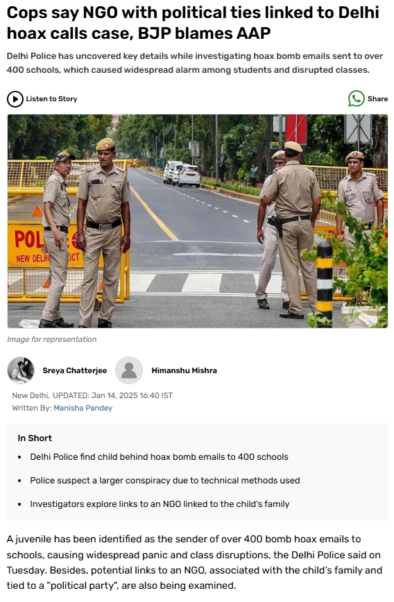 IndiaCrooks's tweet image. Breaking News - A juvenile is identified as sender of 400 #BombHoax emails to various schools in #Delhi which led to closure of schools and security-chaos in #Delhi. 

It turns out that juvenile accused is linked to an #NGO which is linked to #AAP😎
#CorruptAAP #AntiNationalAAP