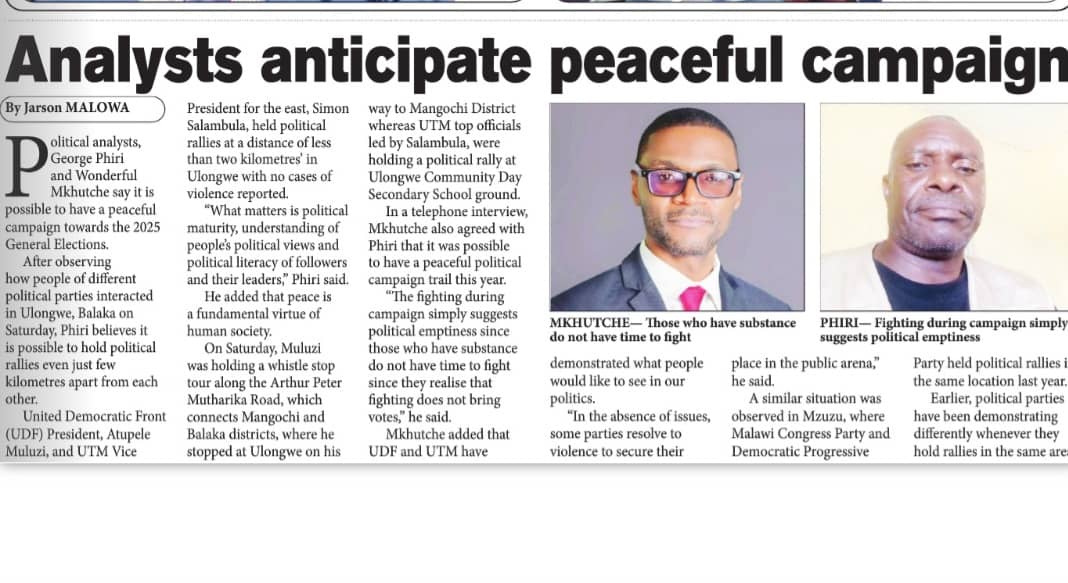 When you've substance in politics, you've no time for violence. The political violence we are seeing shows that issues are lacking in our politics. This was my discussion in today's Daily Times newspaper. 

For more, read the newspaper.

🇲🇼

#MalawiElections2025