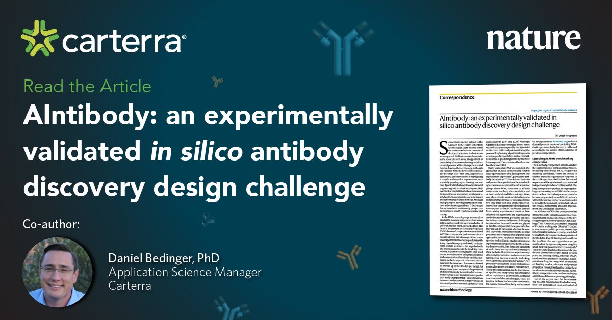 carterra_bio's tweet photo. Introducing 𝗔𝗜𝗻𝘁𝗶𝗯𝗼𝗱𝘆—an in silico #antibodydiscovery challenge validated through cutting-edge experiments. This year's challenges focus on NGS datasets from #Specifica targeting the SARS-CoV-2 RBD.
Learn more here: https://t.co/ErIL6zGpit
#SPR #AI #LSAXT https://t.co/nDCAKk5TUz