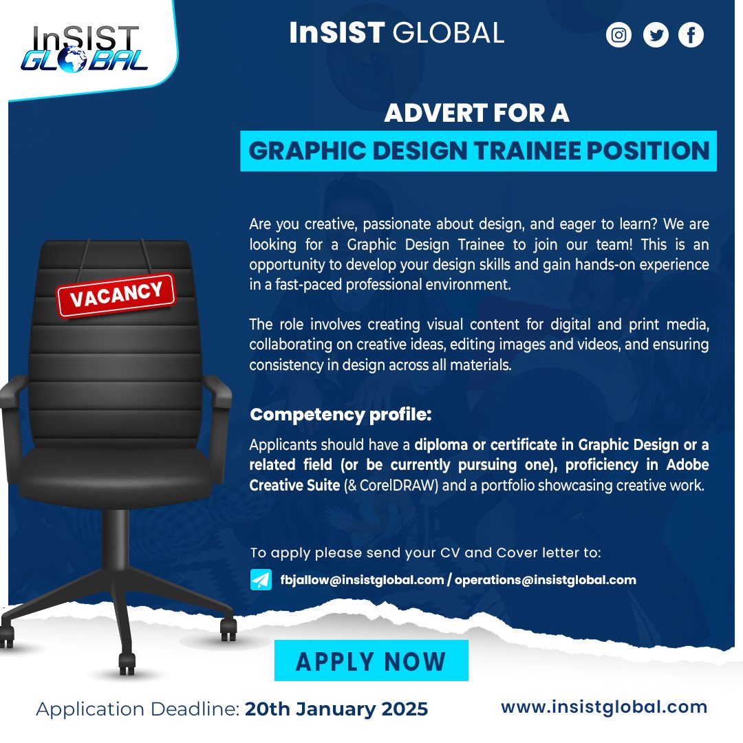 We’re looking for a graphic design trainee to join our team at InSIST Global. Are you an individual that’s creative and passionate about design? this opportunity is for you!🥳