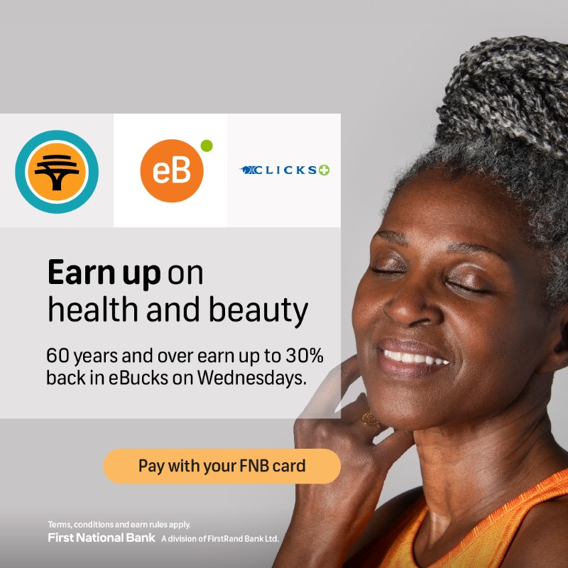 FNBSA's tweet photo. 🤩 Here’s a little something extra if you’re 60 years and over. Head to @Clicks_sa every Wednesday to earn up to 30% back in eBucks rewards on your spend. It's just one more way that life gets more rewarding with FNB. #eBucks #Clicks #EarnUp