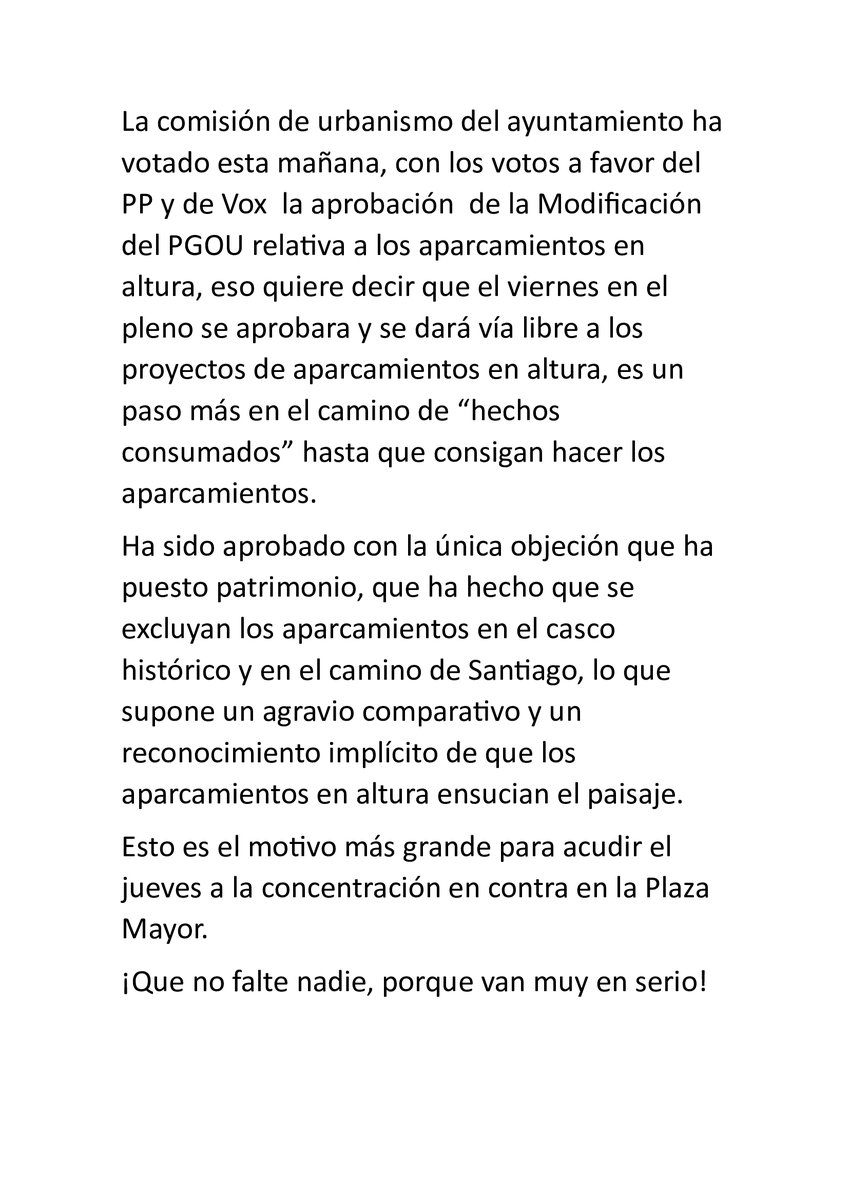 HAY QUE IR A LA CONCTRACIÓN AHORA MÁS QUE NUNCA. JUEVES 16, 19:30 H PLAZA MAYOR. NO A LOS PARCAMIENTOS EN ALTURA.