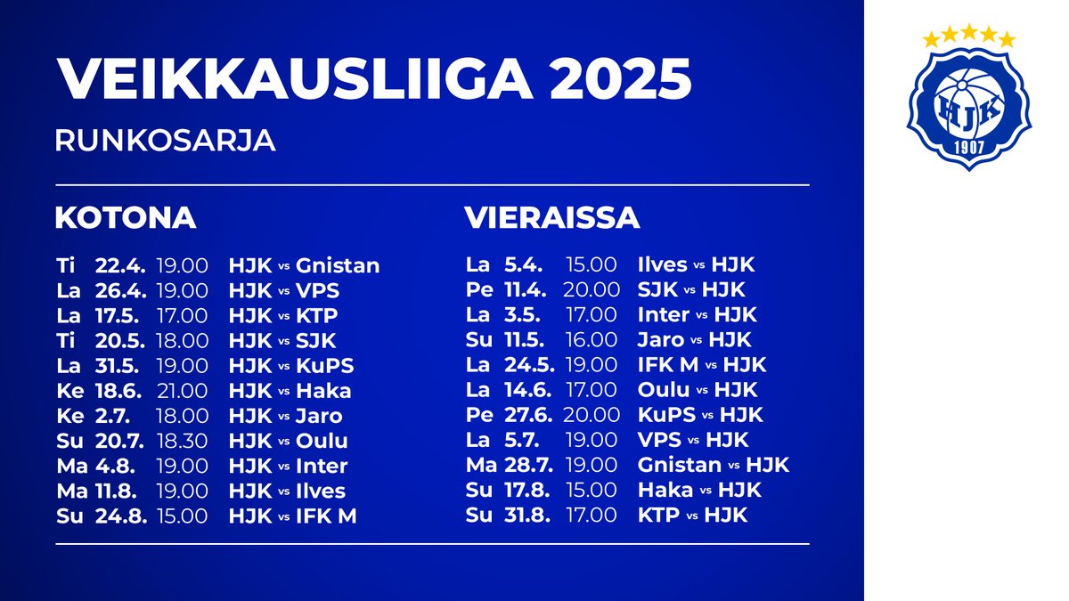 hjkhelsinki's tweet photo. Veikkausliigan ohjelma valmis – tässä HJK:n ottelut!

Klubi avaa Ilveksen vieraana lauantaina 5. huhtikuuta, kotiavaus Gnistania vastaan 22.4. Mestaruussarja jatkuu marraskuulle.

Lue lisää: 
🔗 https://t.co/NAoNFmW5lO

#HJK #Veikkausliiga