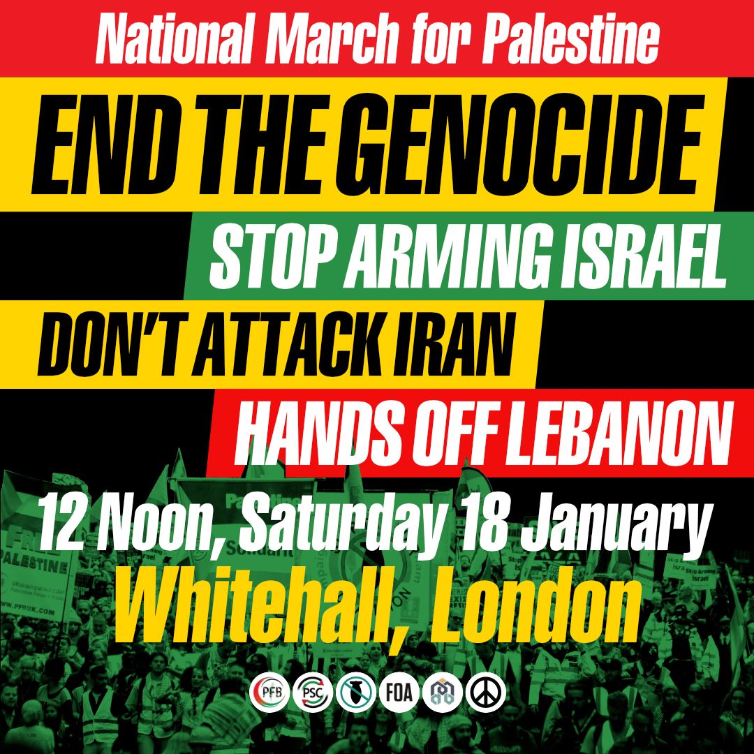 🚨NEW START POINT - march for Palestine 
📍 Whitehall, marching towards BBC
⏰ 12 noon

The march for Palestine on Saturday 18 January will assemble at Whitehall at 12 noon and march towards the BBC.

Let's make this the biggest protest yet!