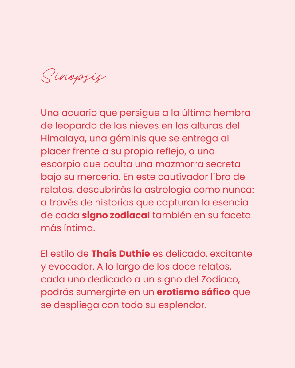 LES Editorial (@leseditorial) on Twitter photo <a href="/ThaisDuthie/">Thais Duthie</a>, autora de Matices y coautora de Sapphic Fire, regresa con Estelares, un libro que recoge 12 relatos inspirados en el horóscopo y cargaditos de erotismo sáfico.
Aquí la sinopsis para que vayas abriendo boca 🫦 <a href="/ThaisDuthie/">Thais Duthie</a>, autora de Matices y coautora de Sapphic Fire, regresa con Estelares, un libro que recoge 12 relatos inspirados en el horóscopo y cargaditos de erotismo sáfico.
Aquí la sinopsis para que vayas abriendo boca 🫦