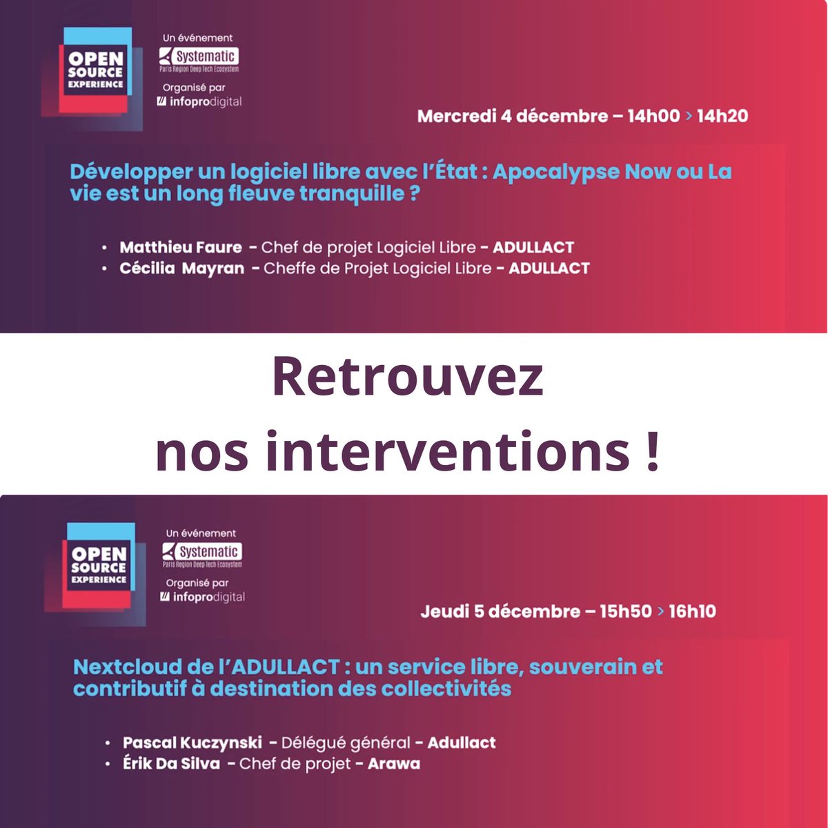 Vous avez manqué nos interventions lors de #OSXP2024 ? Pas de panique, les replays sont désormais accessibles ! 🎥

4/12 ➡️ youtube.com/watch?v=-QAP4_…

5/12 ➡️ youtube.com/watch?v=6JVZrO…

#OSXP2024 #LogicielLibre #Nextcloud #Collaboration #Replay