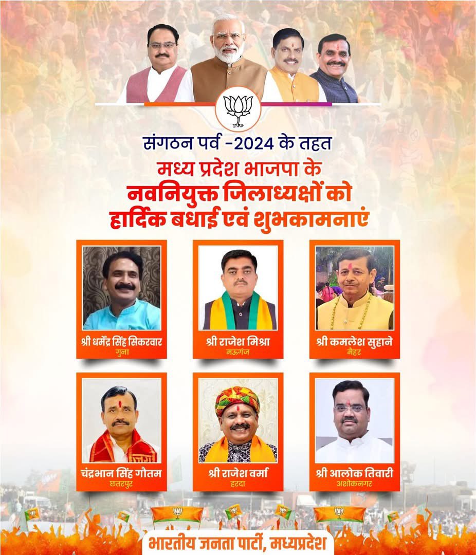 blsanthosh's tweet photo. Congratulations to all newly elected District Presidents of @BJP4MP . Under the new team BJP, Madhya Pradesh will put in more efforts at Viksit Madhya Pradesh for Viksit Bharat . 

All 62 District President elections will be completed in next two days .
@vdsharmabjp @DrMohanYadav51