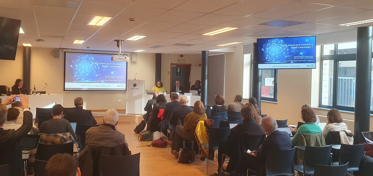 Lavillanumeris's tweet photo. @AlainStrowel @uclouvainslbxl Quels acteurs pour encadrer la liberté d’expression ? 1ère table ronde animée par Valérie-Laure Benabou avec Bernardo Herman @BIPT_IBPT et  @HValoche #LibEx https://t.co/FMgpiDMBLx