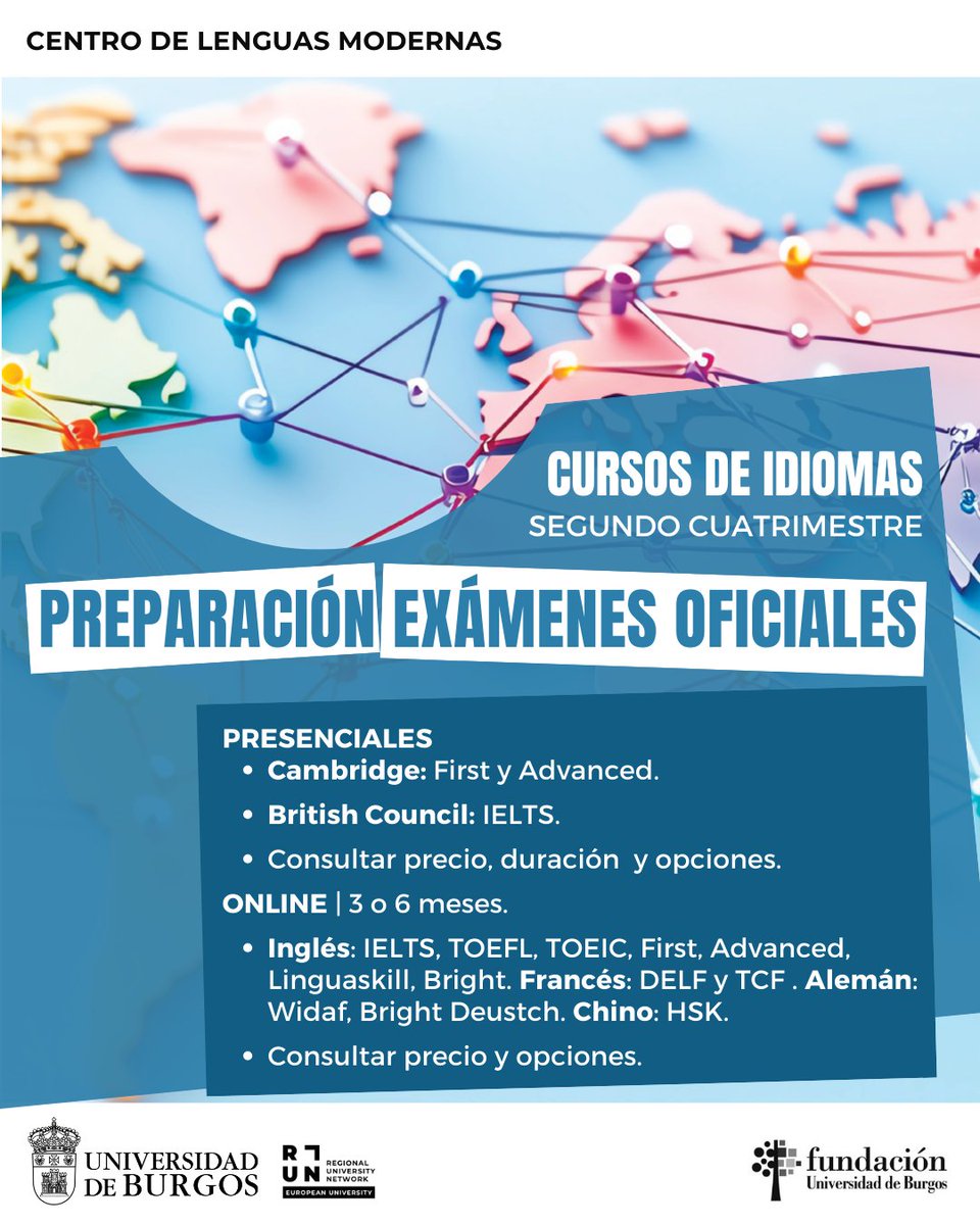 #Cursos_UBU | CURSOS DE PREPARACIÓN DE EXÁMENES OFICIALES 📑

• Presenciales (40h)
• Online (3/6 meses)

Más información y matrícula 👇
► ubu.es/te-interesa/cu…