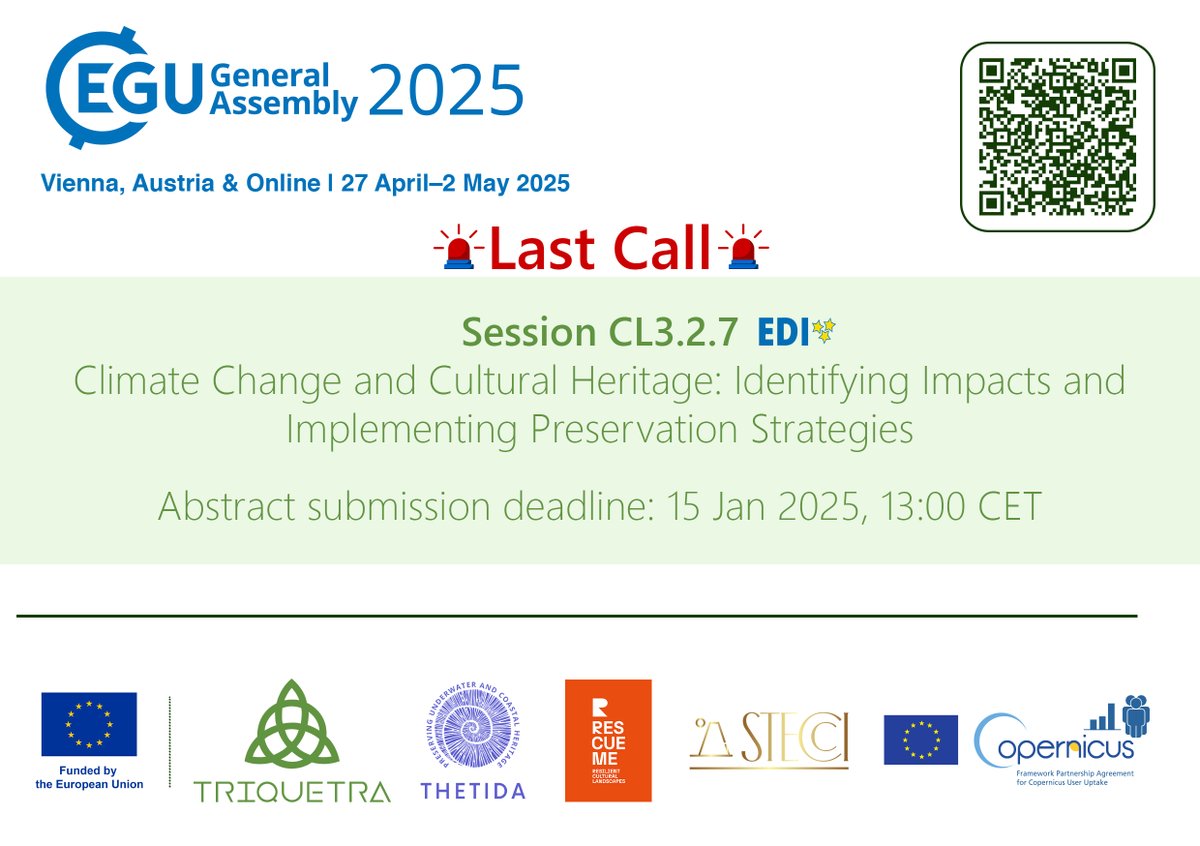 🚨 LAST CALL: Submit Your Abstract Today! – EGU25 🌿

⏳  Submissions close TOMORROW, 15 January 2025, at 13:00 CET! Don’t wait—this is your final chance!

🔗 Submit your abstract now: bit.ly/3OabTSG

@THETIDA <a href="/Stecci/">Karin Steccanella</a> <a href="/RescueME/">♡</a> <a href="/ISPRA/">manuela</a>

#HeritageProtection