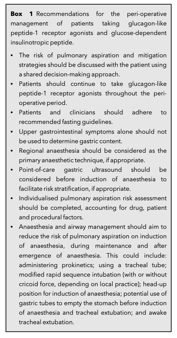 𝘈𝘯𝘢𝘦𝘴𝘵𝘩𝘦𝘴𝘪𝘢 (@anaes_journal) on Twitter photo Recommendations for the peri-operative management of patients taking glucagon-like peptide-1 receptor agonists and glucose-dependent insulinotropic peptide
<a href="/elboghdadly/">Kariem</a> <a href="/JKDhesi/">Jugdeep Dhesi</a> @nicholaslevy <a href="/DL08OMD/">Dileep Lobo</a> <a href="/OGMustafa/">Omar Mustafa</a> <a href="/PNewlandJones/">Philip Newland-Jones</a> <a href="/DJPournaras/">Dimitri Pournaras</a> <a href="/ketandhatariya/">Ketan Dhatariya</a>
#anaesthesia Recommendations for the peri-operative management of patients taking glucagon-like peptide-1 receptor agonists and glucose-dependent insulinotropic peptide
<a href="/elboghdadly/">Kariem</a> <a href="/JKDhesi/">Jugdeep Dhesi</a> @nicholaslevy <a href="/DL08OMD/">Dileep Lobo</a> <a href="/OGMustafa/">Omar Mustafa</a> <a href="/PNewlandJones/">Philip Newland-Jones</a> <a href="/DJPournaras/">Dimitri Pournaras</a> <a href="/ketandhatariya/">Ketan Dhatariya</a>
#anaesthesia