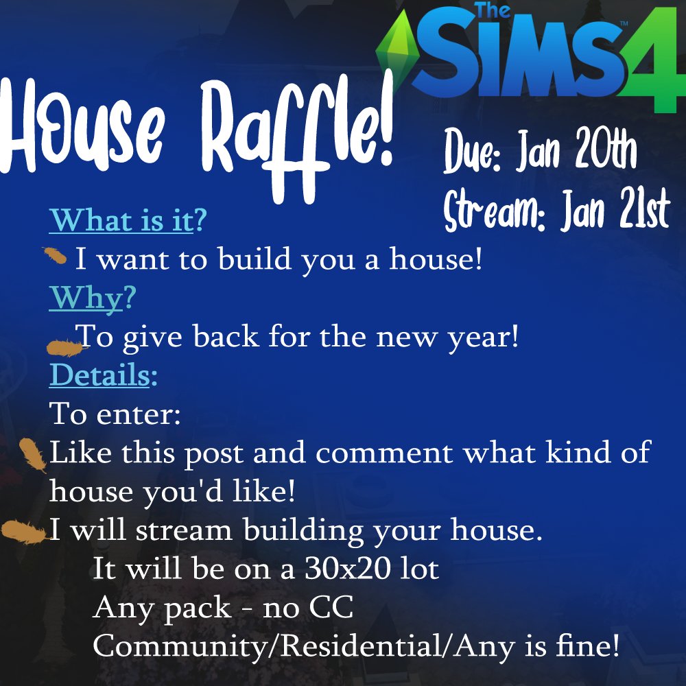 Niscenna's tweet photo. I am doing something to give back to my lovely followers and celebrate the new year! 
Enter my house raffle for the Sims 4! Share please to give others a chance 
#Sims4 @TheSims @EA #TheSims https://t.co/jBrFVLSRGp