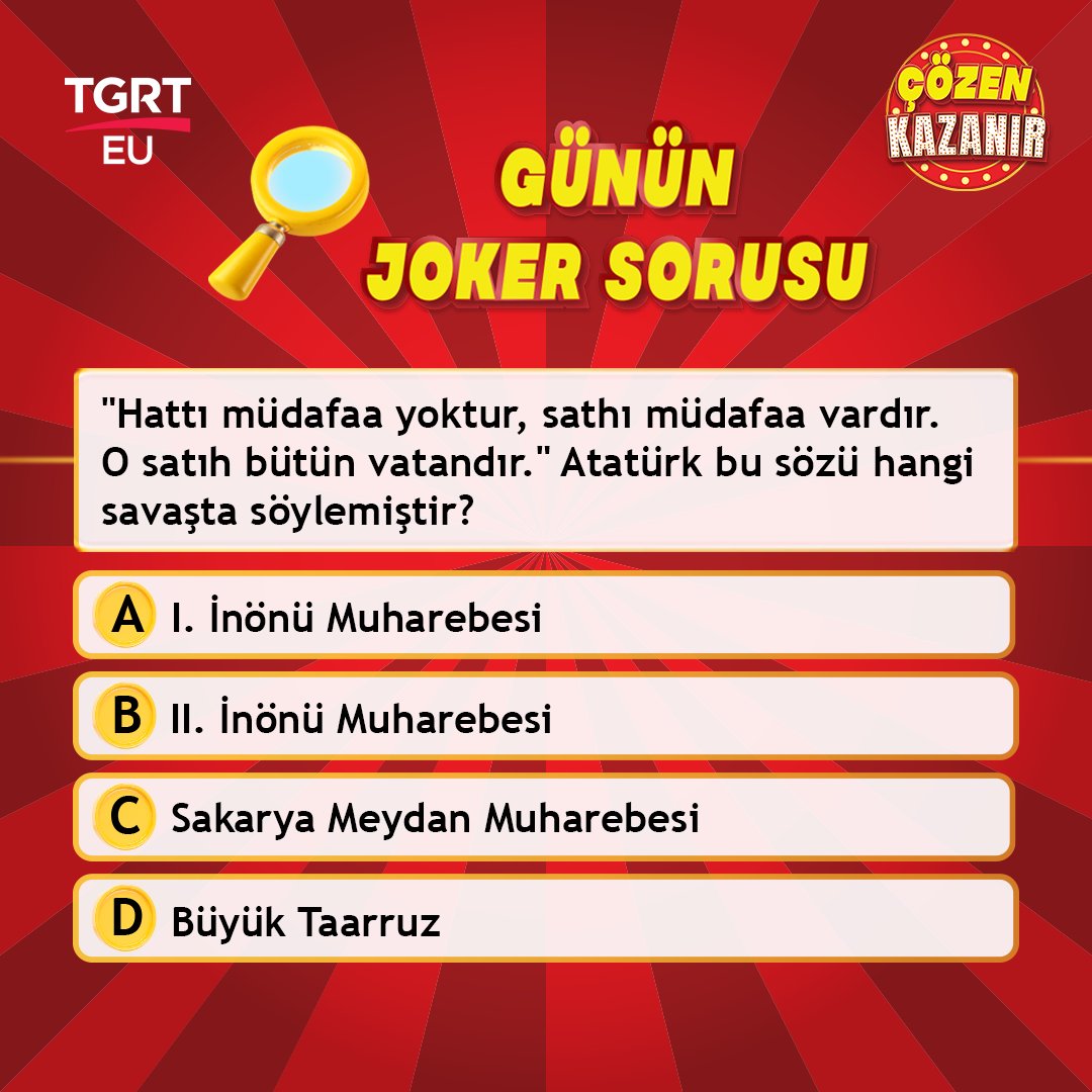 İşte Çözen Kazanır'da ödüller kazandıracak günün sorusu!

Birinciye snippy.com.tr'den 5 bin liralık alışveriş kodu, İkinciye 2.000 TL, üçüncüye ise 1.000 TL nakit para ödülü.

Evinizden yarışma heyecanı için sizleri saat 21.00'de TGRT EU ekranlarına bekliyoruz.