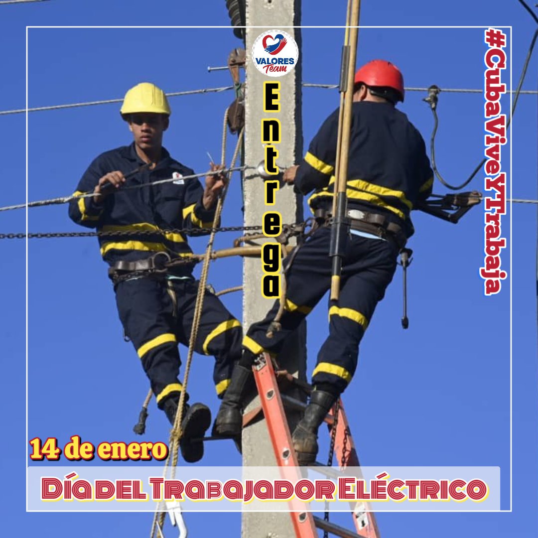 🎉🎊 Muchas felicidades para los Trabajadores Eléctricos cubanos en su día. 🇨🇺

✨Ejemplos de Laboriosidad, Entrega, Sacrificio y Altruismo.
Fieles al ideario Martiano:

✍️ “Entregados al trabajo, no hay manera de que la pena nos venza.”

#CubaViveYTrabaja 
#ValoresTeam 🕊