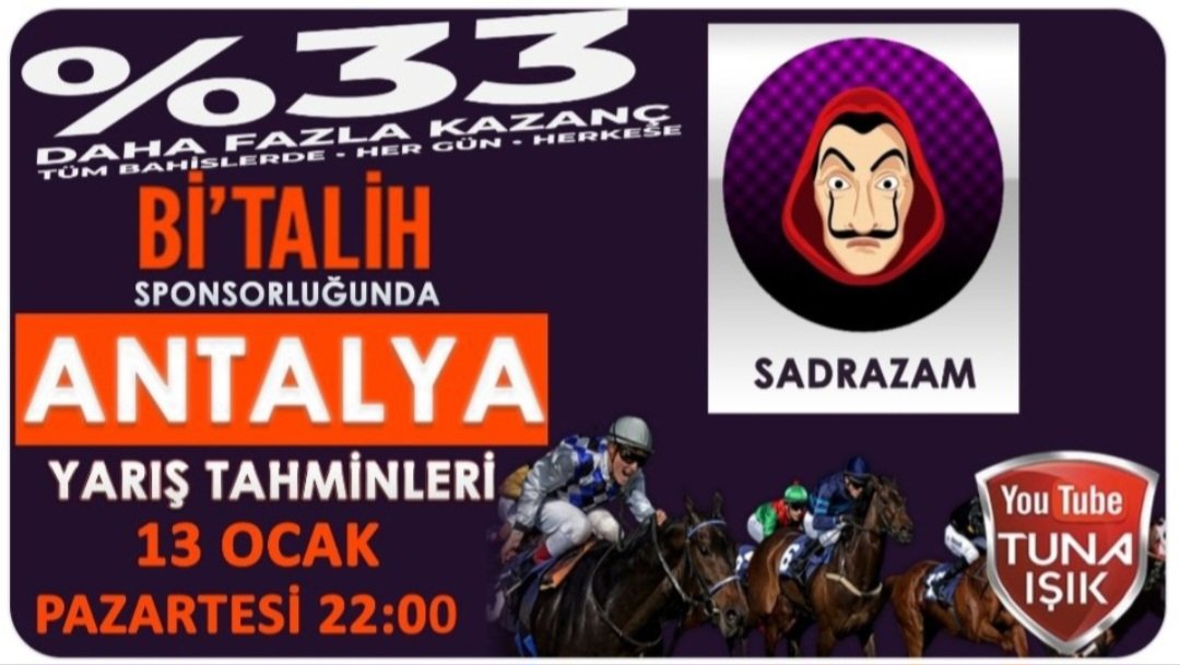 NTaslag's tweet photo. Bugün koşulacak olan 9 Koşulu Antalya yarışlarını, Bi'Talih sponsorluğunda Tuna Işık TV'de yorumladım.
Yayını aşağıdaki linki tıklayarak izleyebilirsiniz😎🖐
@tunaisiktv01
@geldibitalih
https://t.co/GGTUFFqzmW
#tjk #atyarışı #antalya #tunaışıktv #bitalih #sadrazam #tahminler https://t.co/msCcp3UvyH