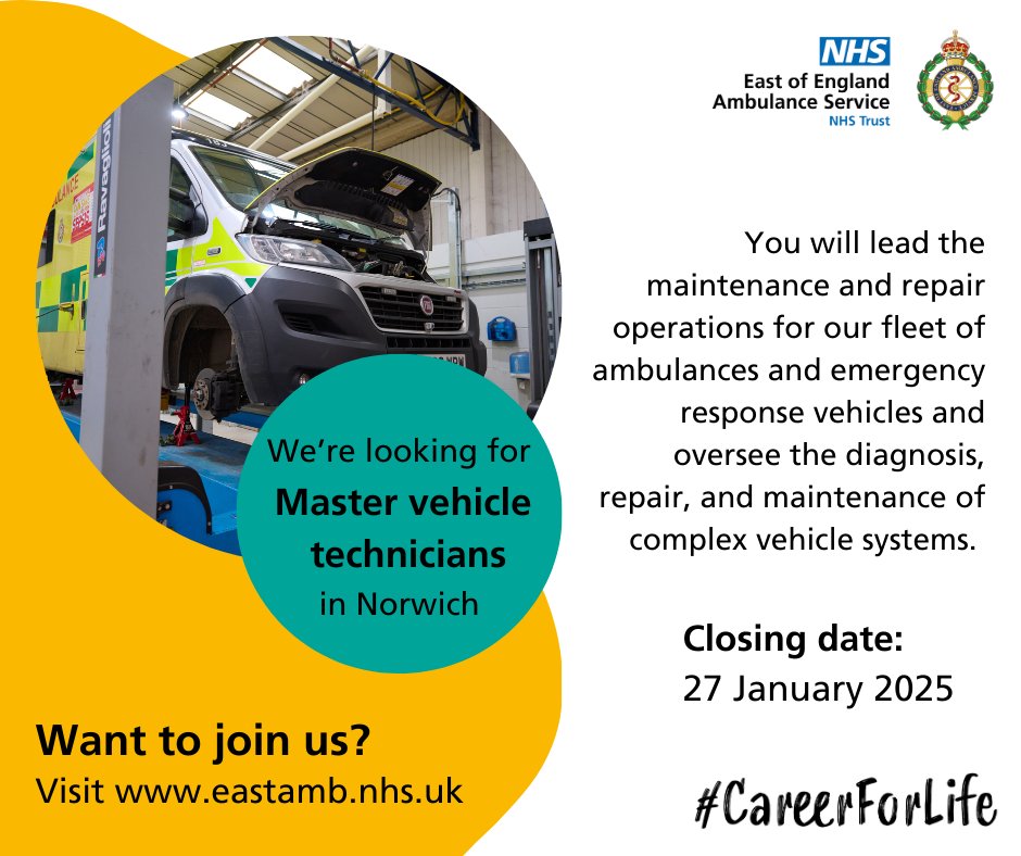 We’re looking for master vehicle technicians in Norwich to keep our emergency vehicles on the road🚑🔧

Start your #CareerForLife with us today: eastamb.nhs.uk/join-the-team/…