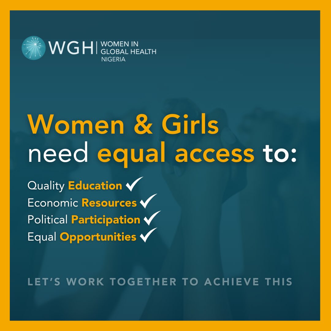WghNigeria's tweet photo. Women and girls must have equal access to:
✅ Quality education
✅ Economic resources
✅ Leadership opportunities in healthcare
✅ Equal chances for employment, decision-making, and representation in global health.
#WeCommit #WomenInGH #GenderEquality #LeadershipInHealth https://t.co/a5HWfHGSdb